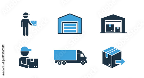 Delivery service icons depicting personnel buildings and transportation