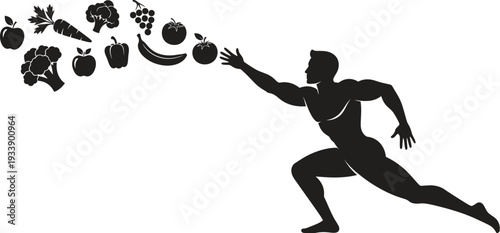 Athlete sprinting towards healthy fruits and vegetables