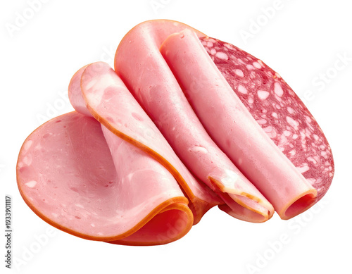 Sliced deli meats, pink ham and speckled salami, artfully arranged