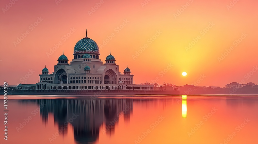 Obraz premium Temple of peace reflected in tranquil waters at sunrise over a grand domed sanctuary