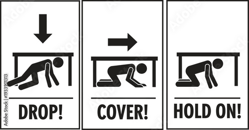 Earthquake safety instructions with drop cover hold on signs