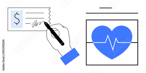 Finance, health, insurance coverage, medical payments, budgeting, and care investment. Hand signing check beside a heart monitor. Finance and health insurance conceptual