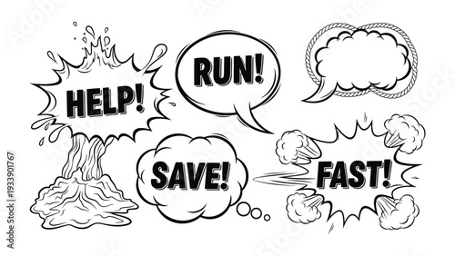 Comic Speech Bubbles: A collection of bold comic speech bubbles burst with dynamic words like Help!, Run!, and Fast!, perfect for adding a touch of drama.