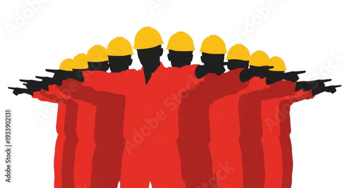 Group of People Wearing Red Uniforms and Yellow Helmets.