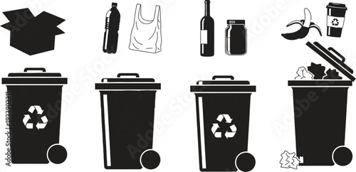 Recycling bins with recyclable materials and trash