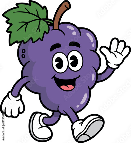 Happy Cartoon Purple Grape Character Waving Hello with a Friendly Smile