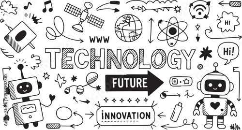 Hand drawn technology innovation and future concepts doodle set