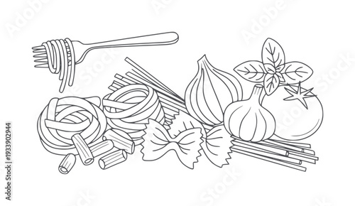 Black and white line of pasta ingredients with fork spaghetti fettuccine penne