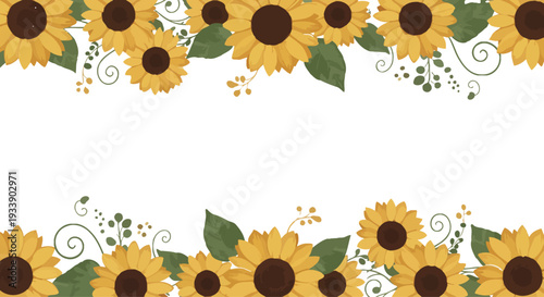 A bright nature frame of colorful autumn leaves and yellow sunflowers captures the beauty of summer flora in a field of orange blossoms and sunlit petals