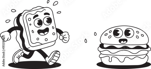 Playful Cartoon Sandwich Character Running Past a Smiling Burger Illustration
