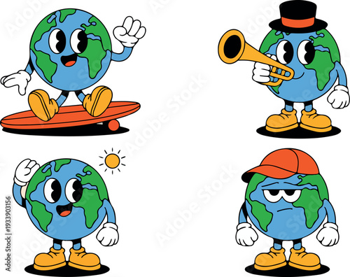 Playful Earth Globe Mascot Characters Showcasing Various Activities and Emotions
