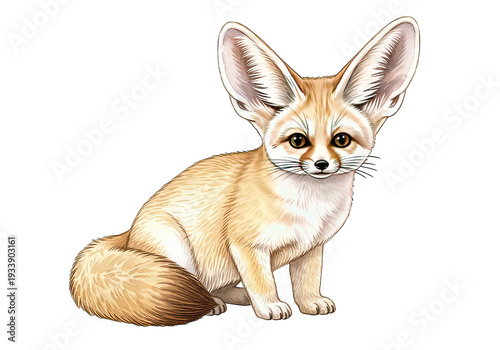 Cute fennec fox sitting portrait with big ears isolated on transparent background