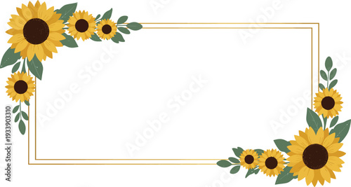 Cute summer sunflower frame illustration featuring a yellow floral border with green leaves and a cartoon bee isolated on a white background for nature vector design