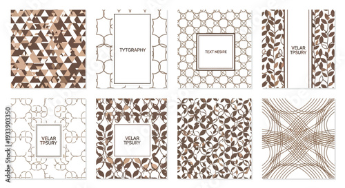 Geometric patterns and typography arranged in a grid of square designs