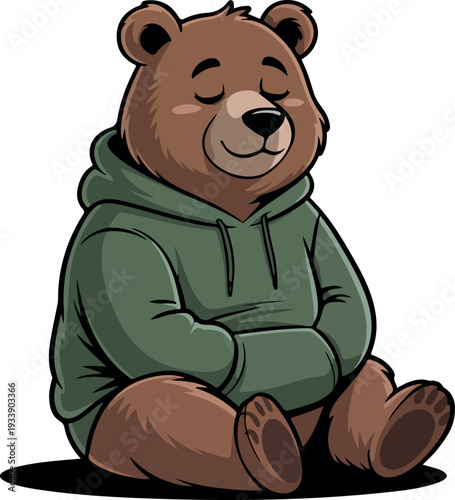 Relaxed brown bear cartoon character wearing a comfy green hoodie