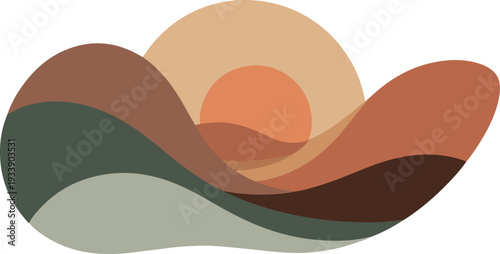 Serene abstract landscape with rolling hills and sun in warm earthy colors
