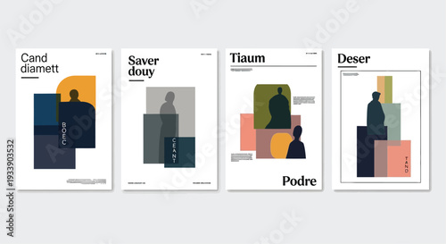 Four book cover designs featuring abstract geometric shapes and typography