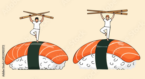 Tiny Man Balancing Chopsticks on Salmon Nigiri Sushi Vector