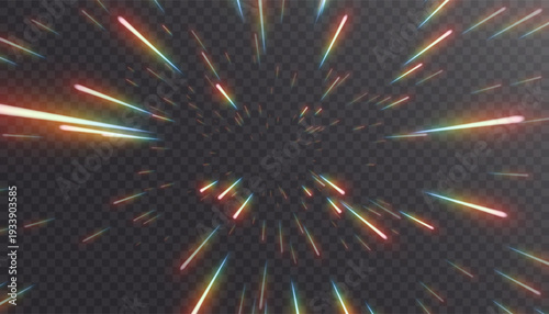 Radial warp-speed starfall with iridescent chromatic light streaks, abstract hyperspace tunnel effect. Futuristic sci-fi vector illustration.