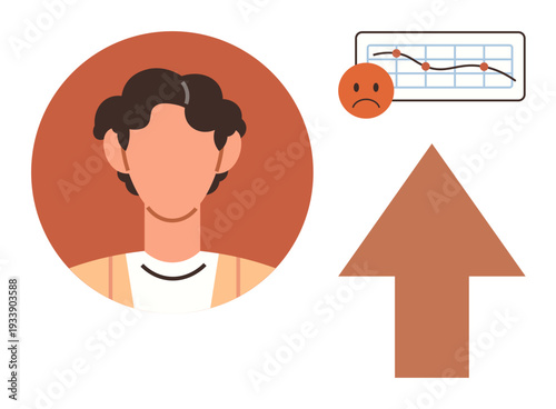 Business analysis, personal growth, recovery, overcoming challenges, success metrics, motivation. A person icon next to a declining chart and upward arrow. Business analysis and recovery concept