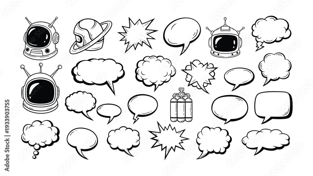 Obraz premium Comic Style Speech Bubbles and Space Elements: Collection of illustrations in comic style, featuring speech bubbles in various shapes, and elements related to space exploration.