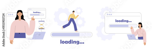 Loading bar and system update concept. People waiting for software update and file processing. Progress indicator, workflow completion. Flat vector illustration
