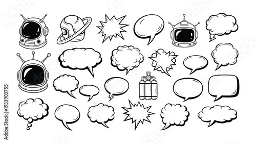 Comic Style Speech Bubbles and Space Elements: Collection of illustrations in comic style, featuring speech bubbles in various shapes, and elements related to space exploration.