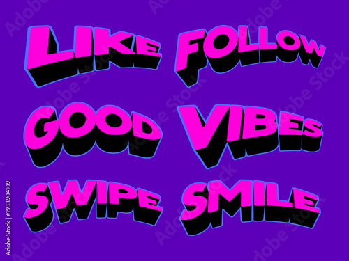 Retro 3D Social Media Text Set with Bold Yellow Typography