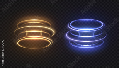 Abstract light effects creating glowing round portals or dynamic energy fields on dark background