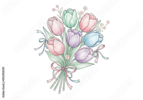 Hand-drawn watercolor tulip bouquet with pastel colors isolated on transparent background