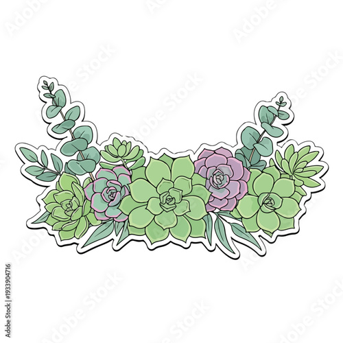 A vibrant illustration of succulents and flowers arranged decoratively from a direct viewpoint showcasing various green hues and pink accents in a stylized manner.