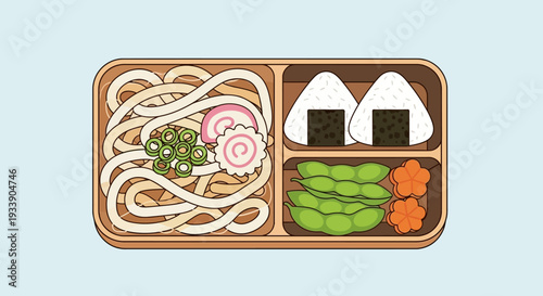 Bento Box Lunch: Udon Noodles, Onigiri, Edamame, and Carrots