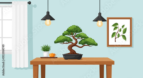 Bonsai Tree Decorating a Wooden Table with Indoor Plants