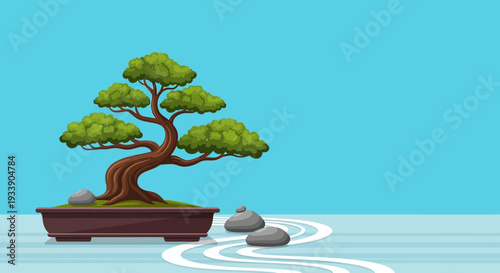 Bonsai Tree Zen Garden with Raked Sand and Stones