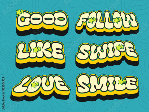 Retro 3D Social Media Text Set with Bold Yellow Typography