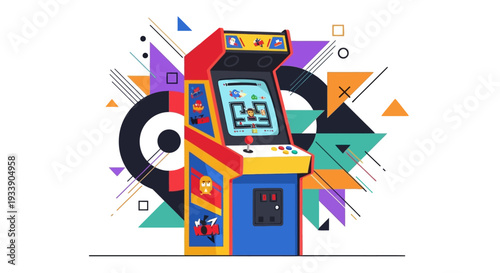 Retro Arcade Machine with Geometric Abstract Background