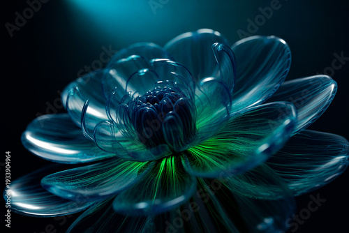 abstract bioluminescent flower, glowing glass petals, futuristic tech flora