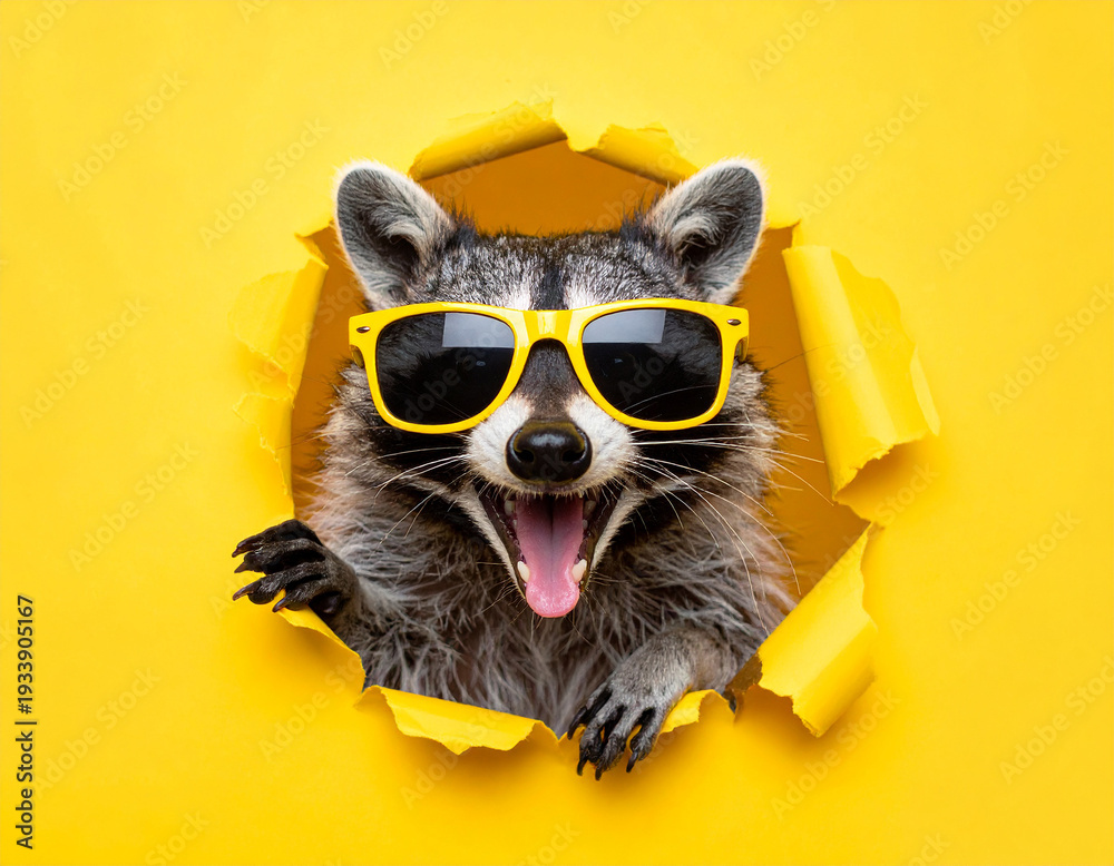 Fototapeta premium Ein lachender Waschbär mit Sonnenbrille schaut durch ein Loch vor gelben Hintergrund