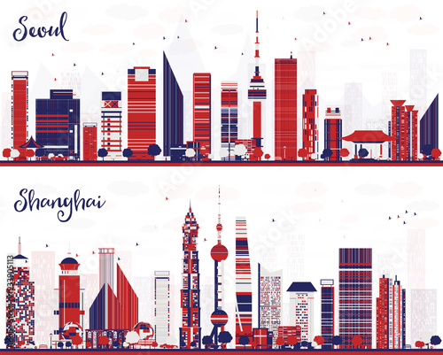 Shanghai China and Seoul South Korea city skyline set with color buildings. Illustration. Cityscape with landmarks.