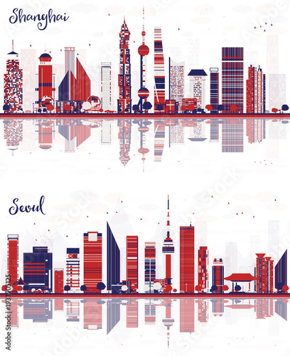Seoul South Korea and Shanghai China city skyline with color skyscrapers and reflections. Illustration. Cityscape with landmarks.