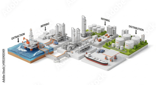 Industrial complex showing extraction refining and distribution processes.