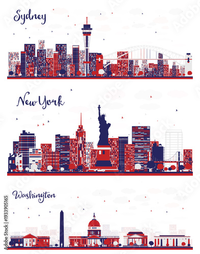 New York USA, Washington DC and Sydney Australia city skyline with color buildings. Vector illustration. Cityscape with landmarks.