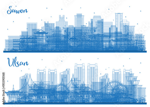 Outline Ulsan and Suwon South Korea City Skyline set with Blue Buildings. Cityscape with Landmarks.