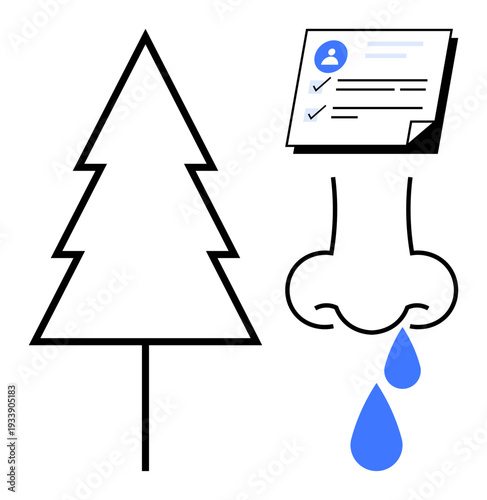 Tree beside nose with dripping tears and a checklist, symbolizing allergy causes, symptoms, and treatment. Ideal for health, allergy awareness, diagnosis, treatment, environment healthcare