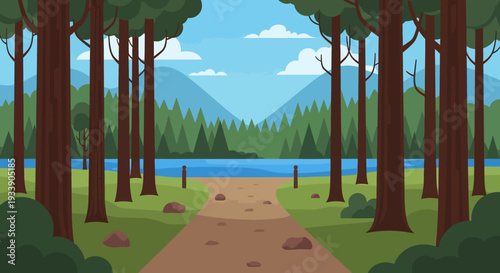 Forest Path to Serene Lake and Mountains