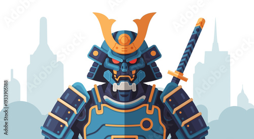 Blue Samurai Warrior Armor with Sword and Cityscape