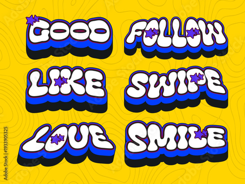 Retro 3D Social Media Text Set with Bold Yellow Typography