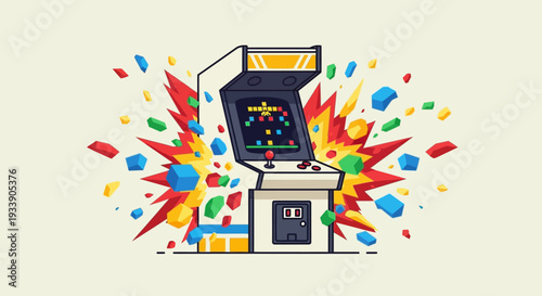 Retro Arcade Machine Exploding with Colorful Blocks