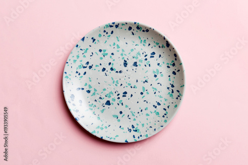 Wallpaper Mural Top view of isolated of colored background empty round blue plate for food. Empty dish with space for your design Torontodigital.ca