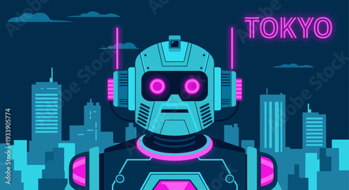 Futuristic Robot in Neon Tokyo Cityscape